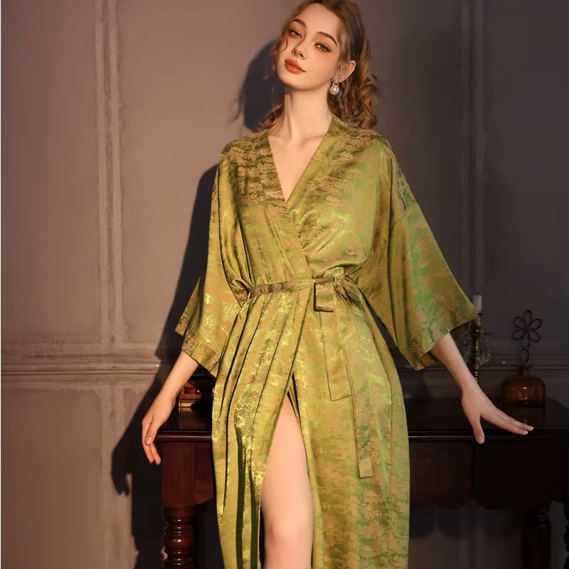 Peignoir femme satin jacquard vert