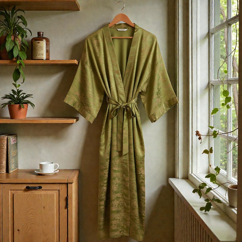 Peignoir femme satin jacquard vert