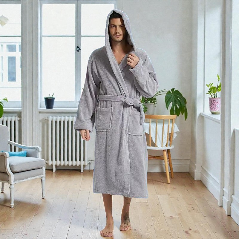 Peignoir de bain homme éponge - Gris à capuche