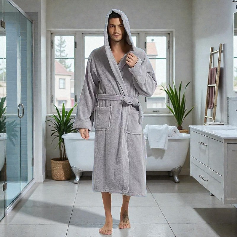 Peignoir de bain homme éponge - Gris à capuche