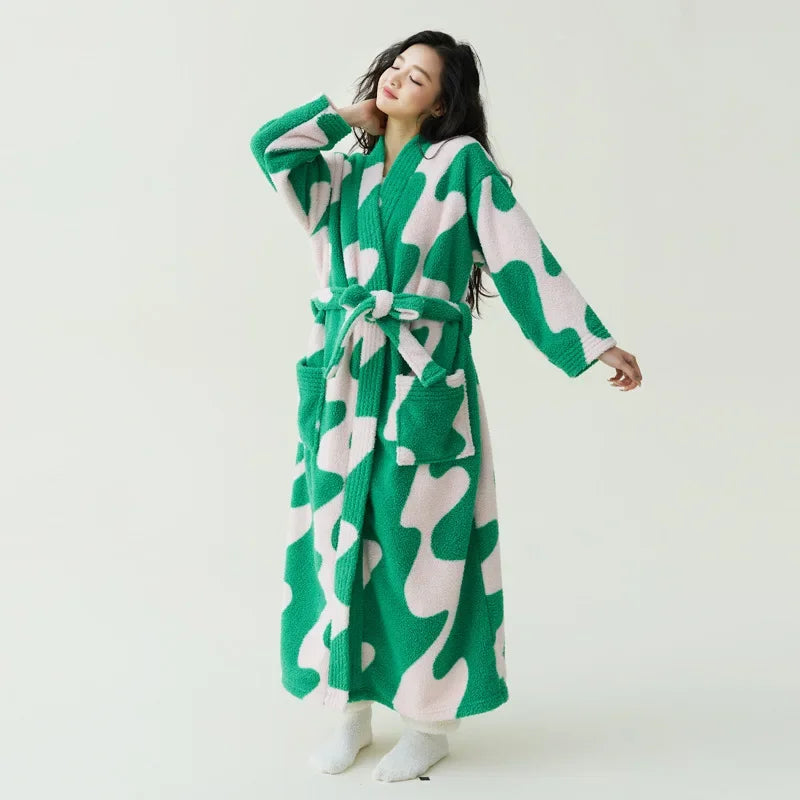 Peignoir femme polaire vert et blanc