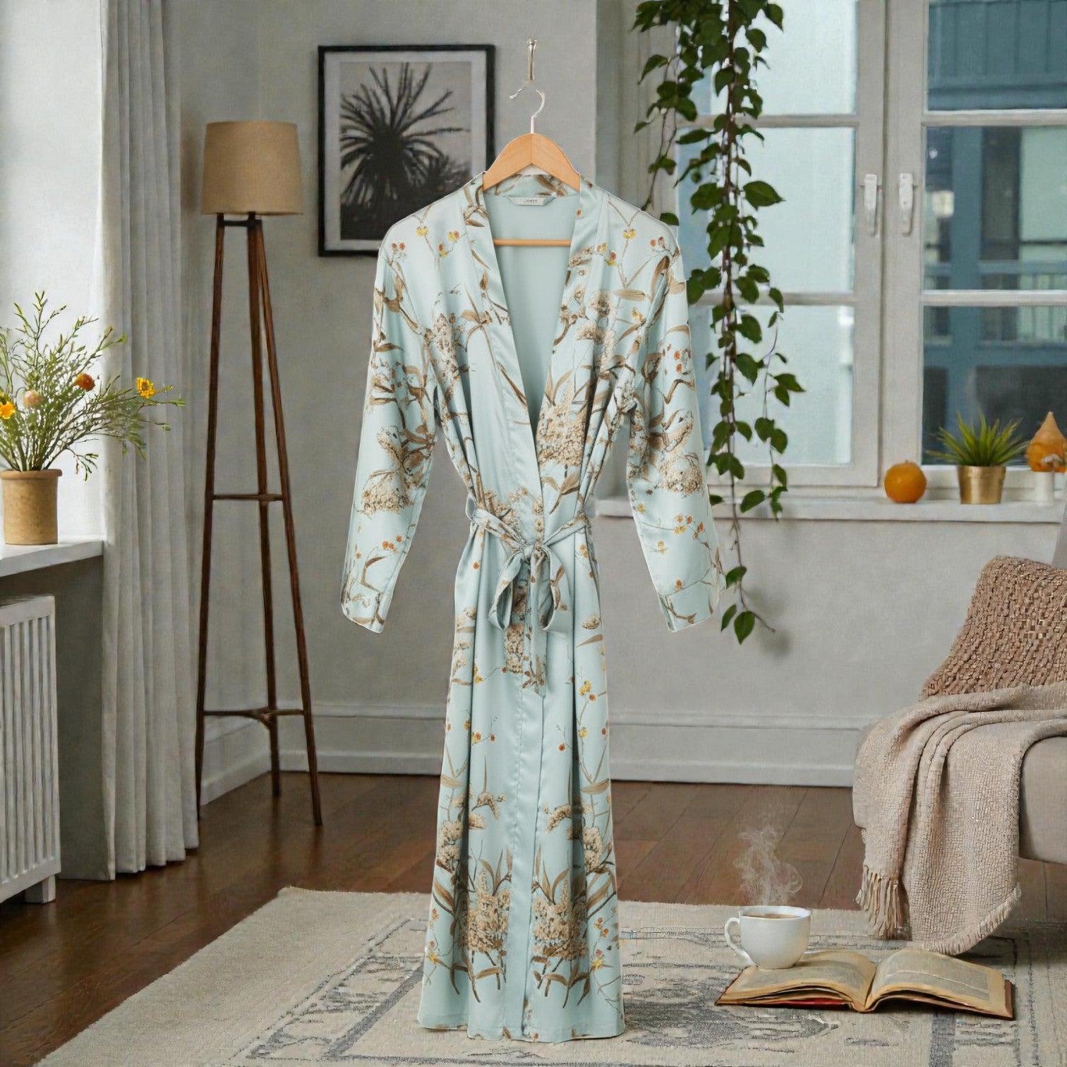 Peignoir femme satin bleu ciel floral
