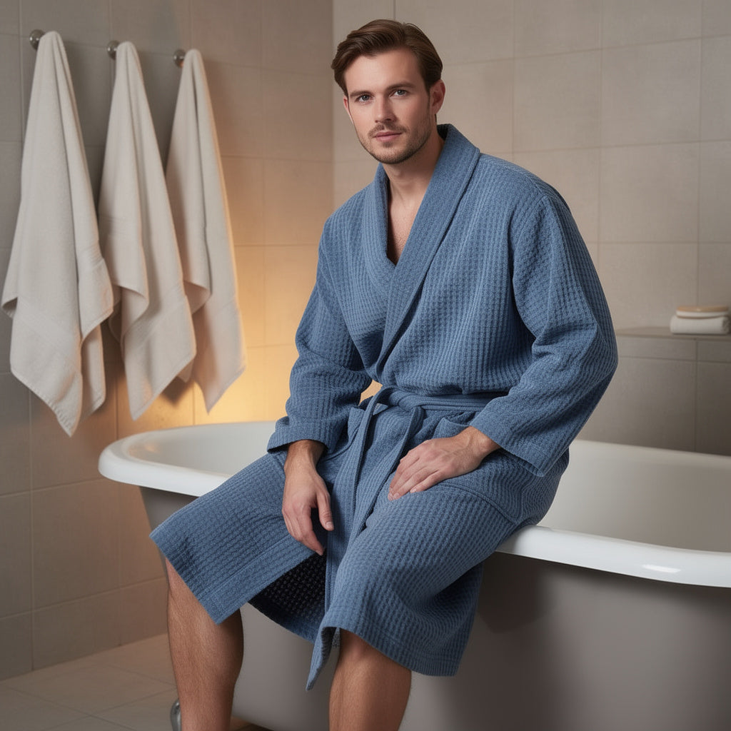 Peignoir homme nid d'abeille bleu