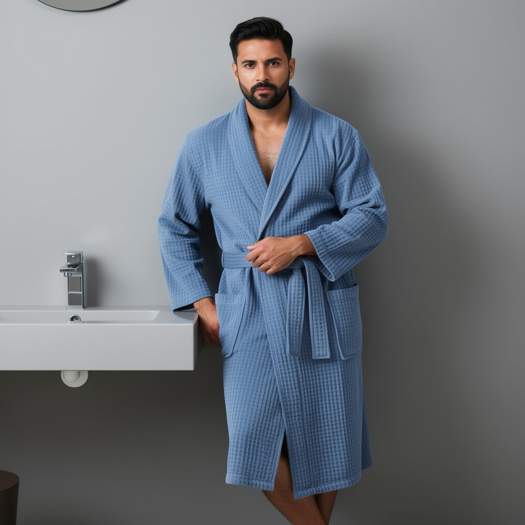 Peignoir homme nid d'abeille bleu