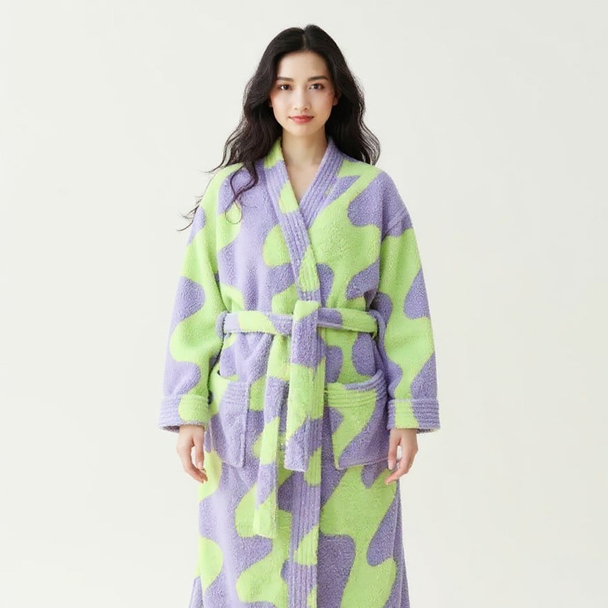 Peignoir femme polaire vert et lavande abstrait