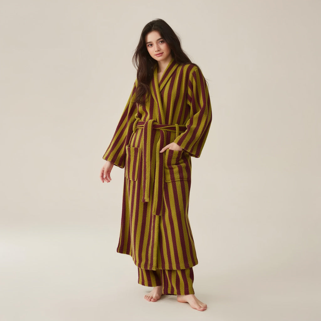 Robe de chambre femme polaire rayée vert olive et prune