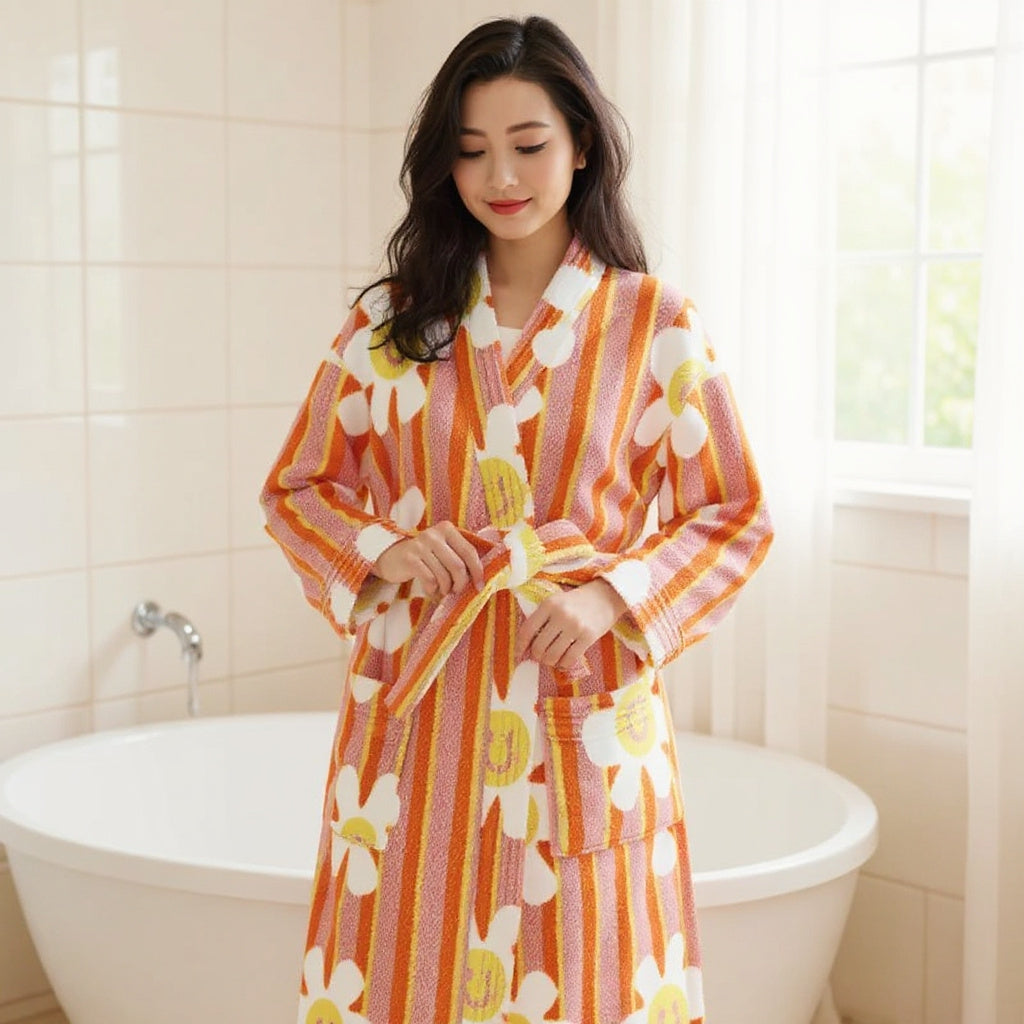 Robe de chambre femme polaire chaude | peignoir long cocooning orange pastel