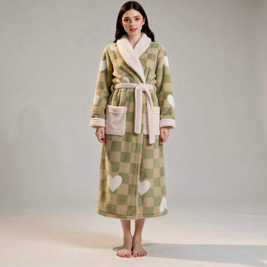 Peignoir femme polaire vert à motifs