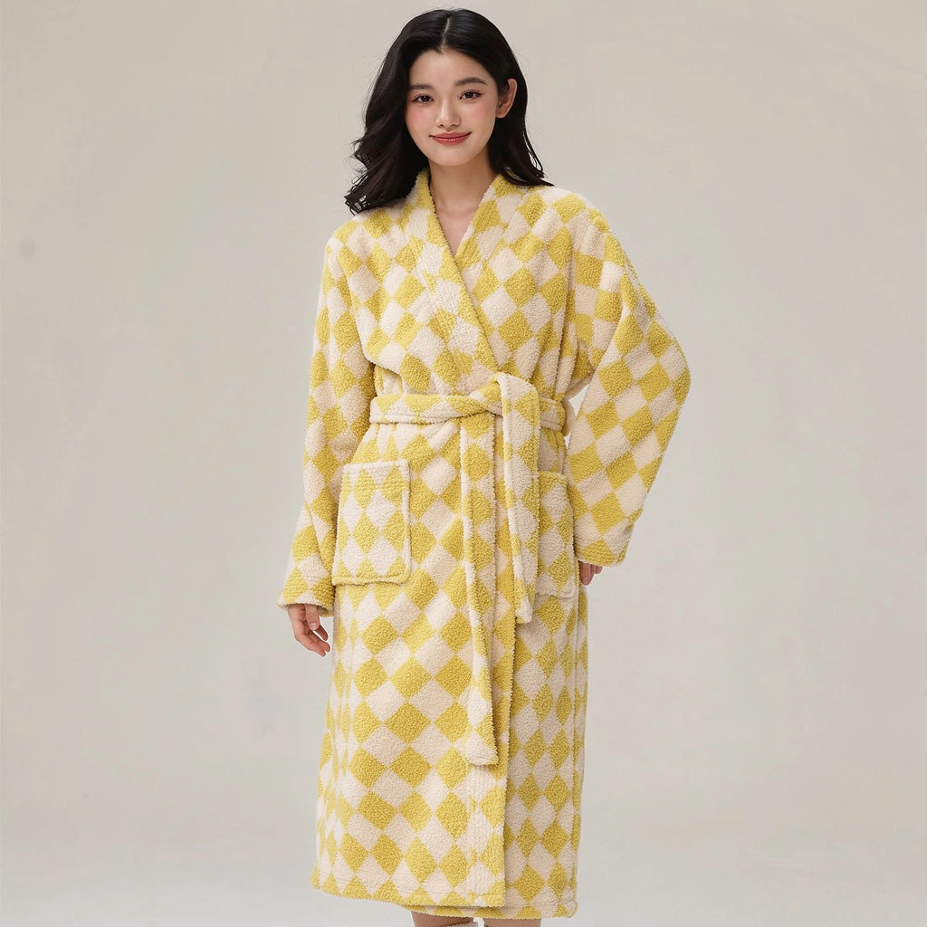 Peignoir femme polaire à carreaux jaunes