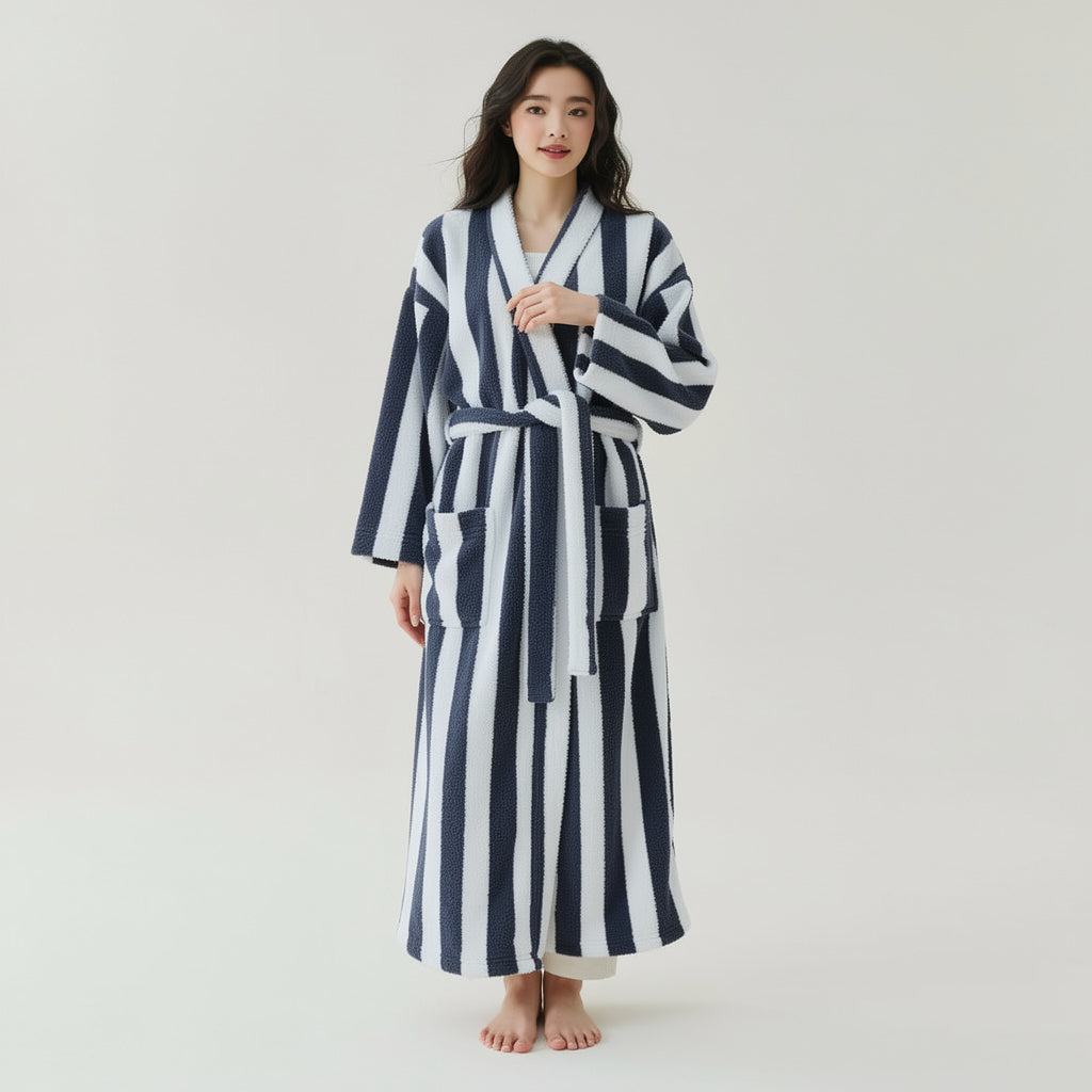 Robe de chambre polaire femme rayé bleu marine et blanc