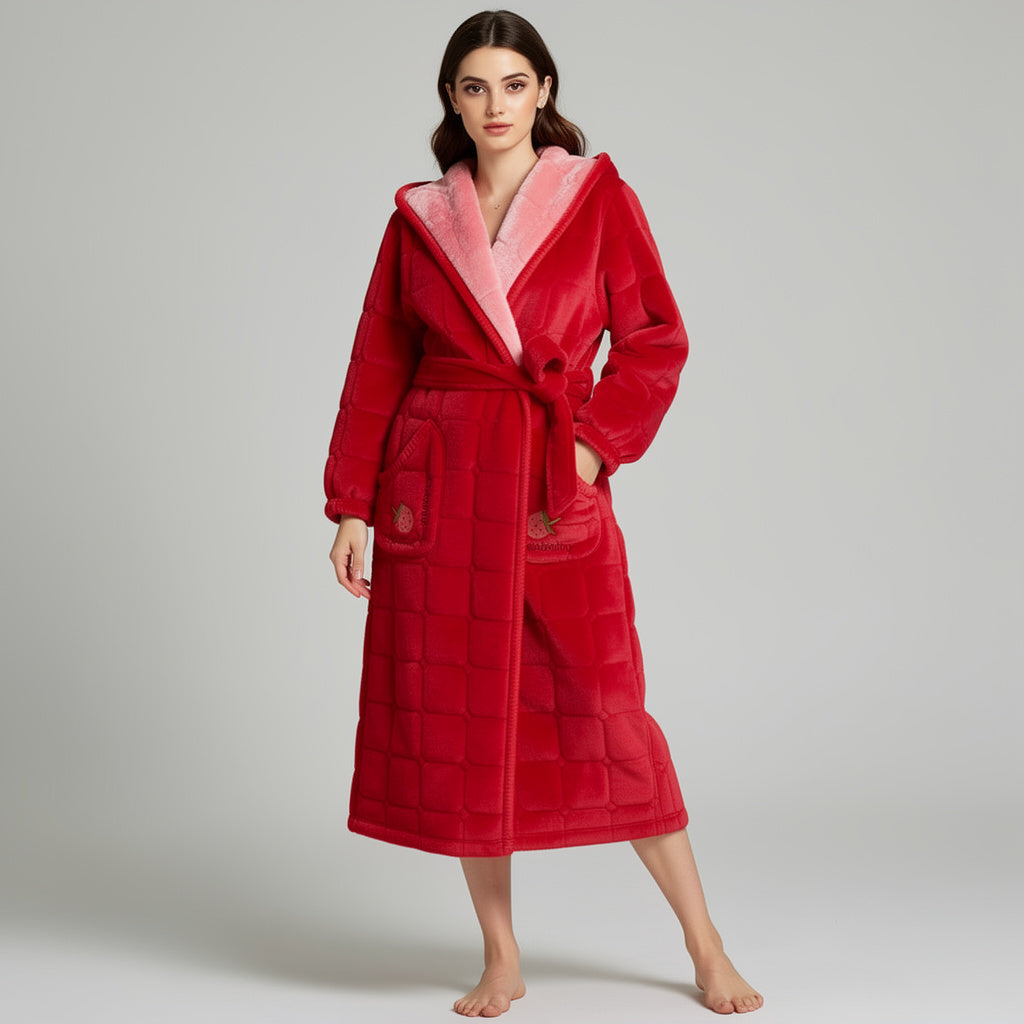 Peignoir femme polaire à capuche rouge