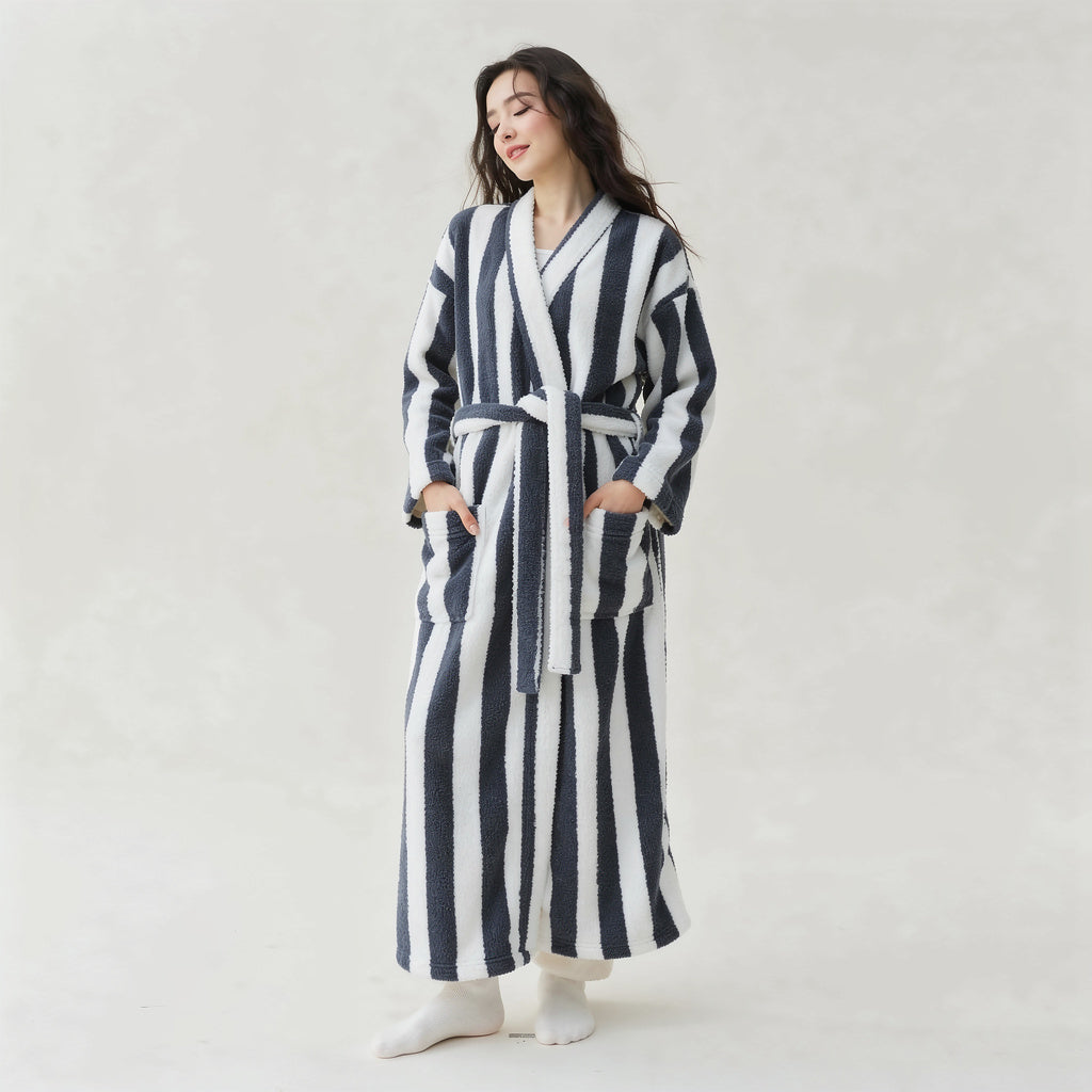 Robe de chambre polaire femme rayé bleu marine et blanc