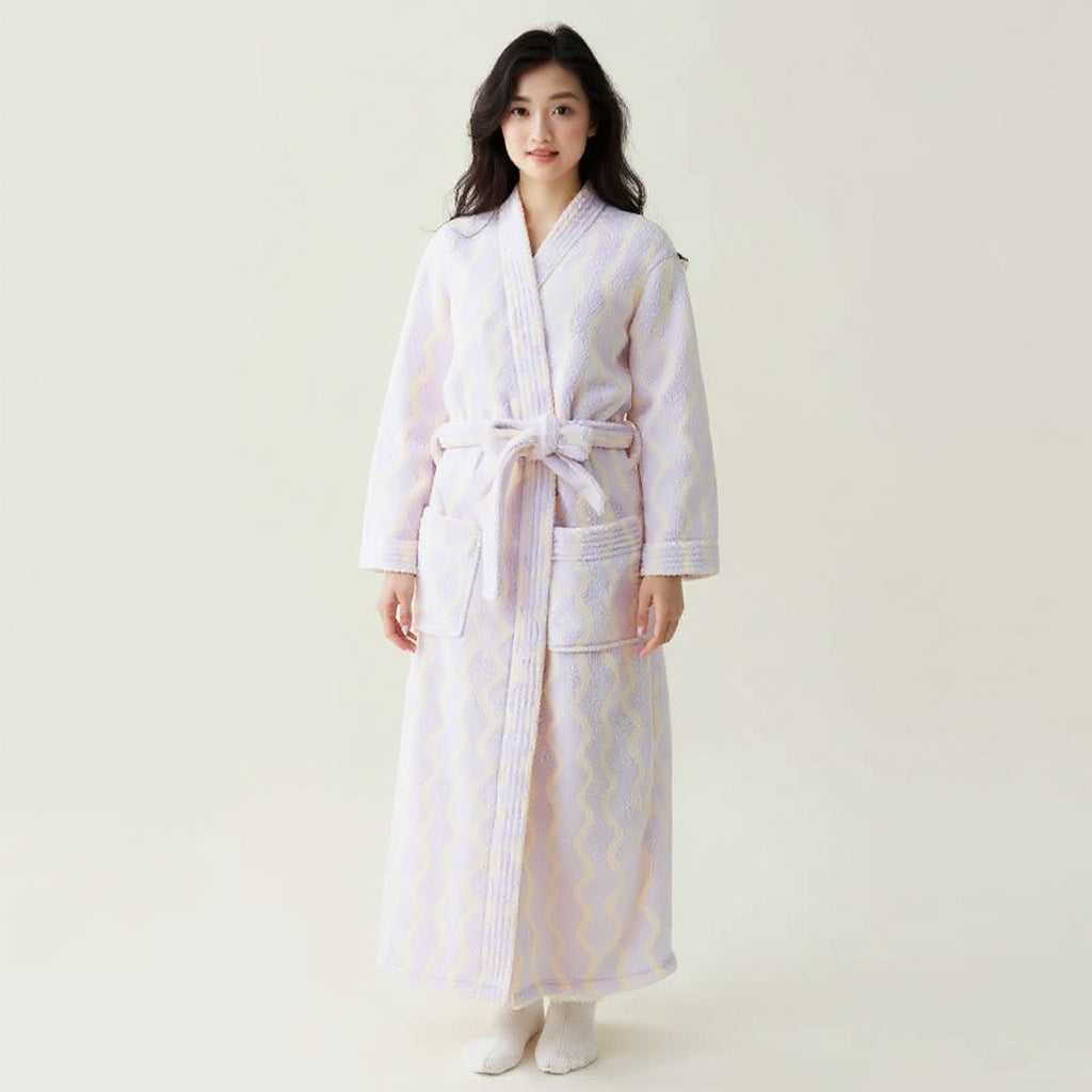 Peignoir femme polaire blanc motif vagues lilas