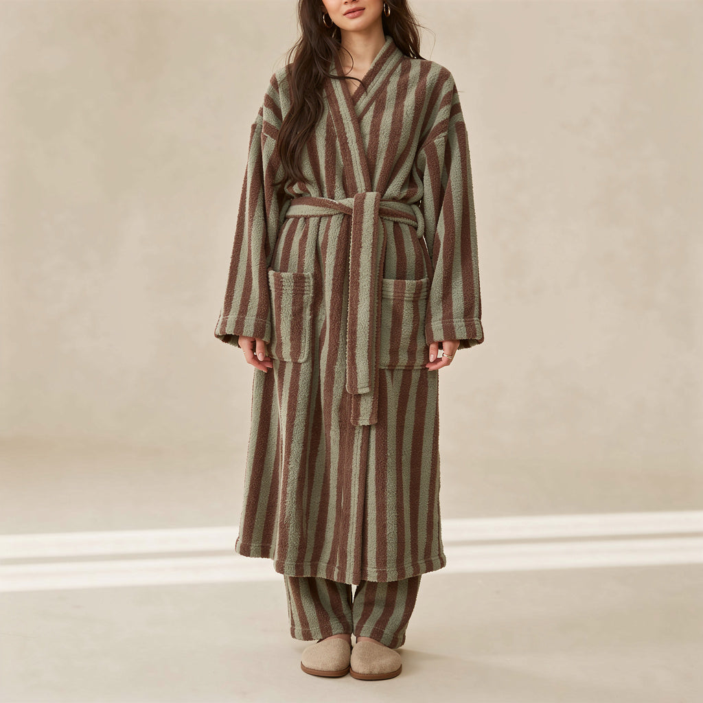 Peignoir femme polaire rayée vert et brun