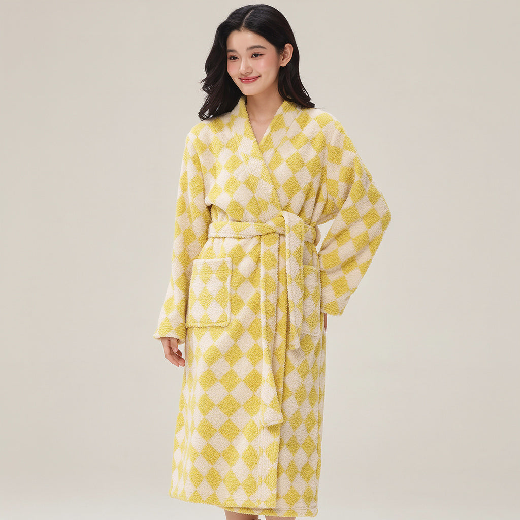 Peignoir femme polaire à carreaux jaunes
