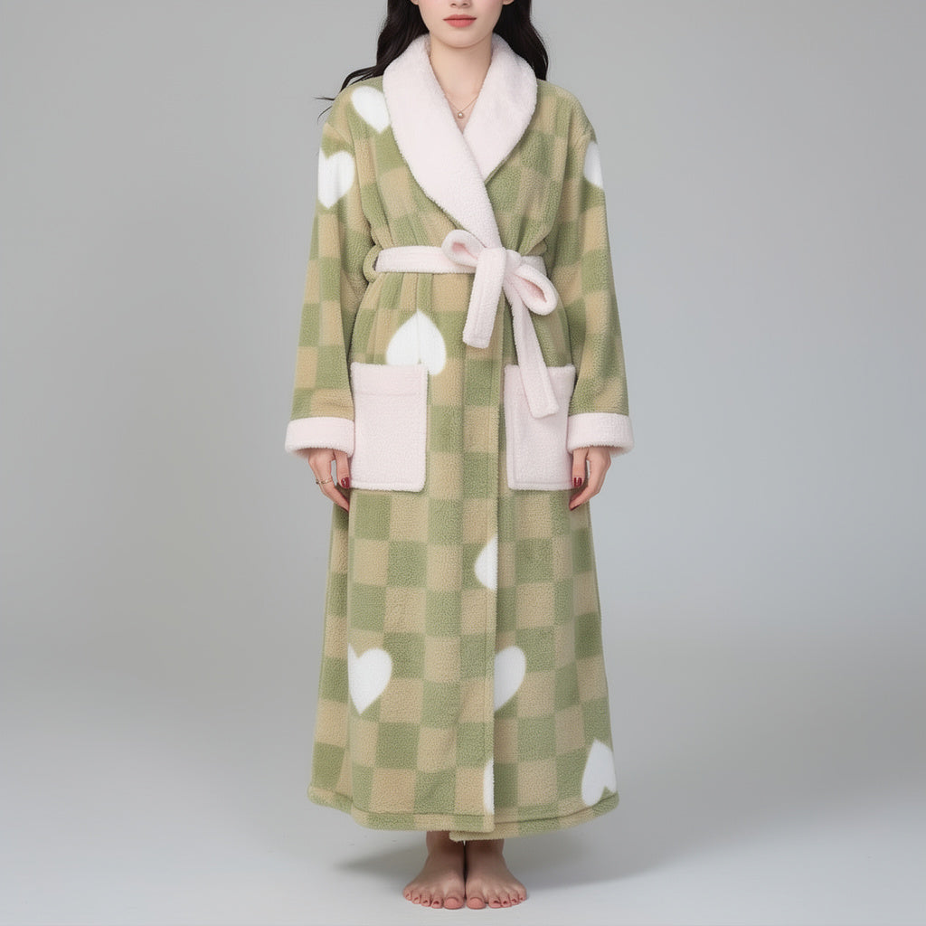 Peignoir femme polaire vert à motifs