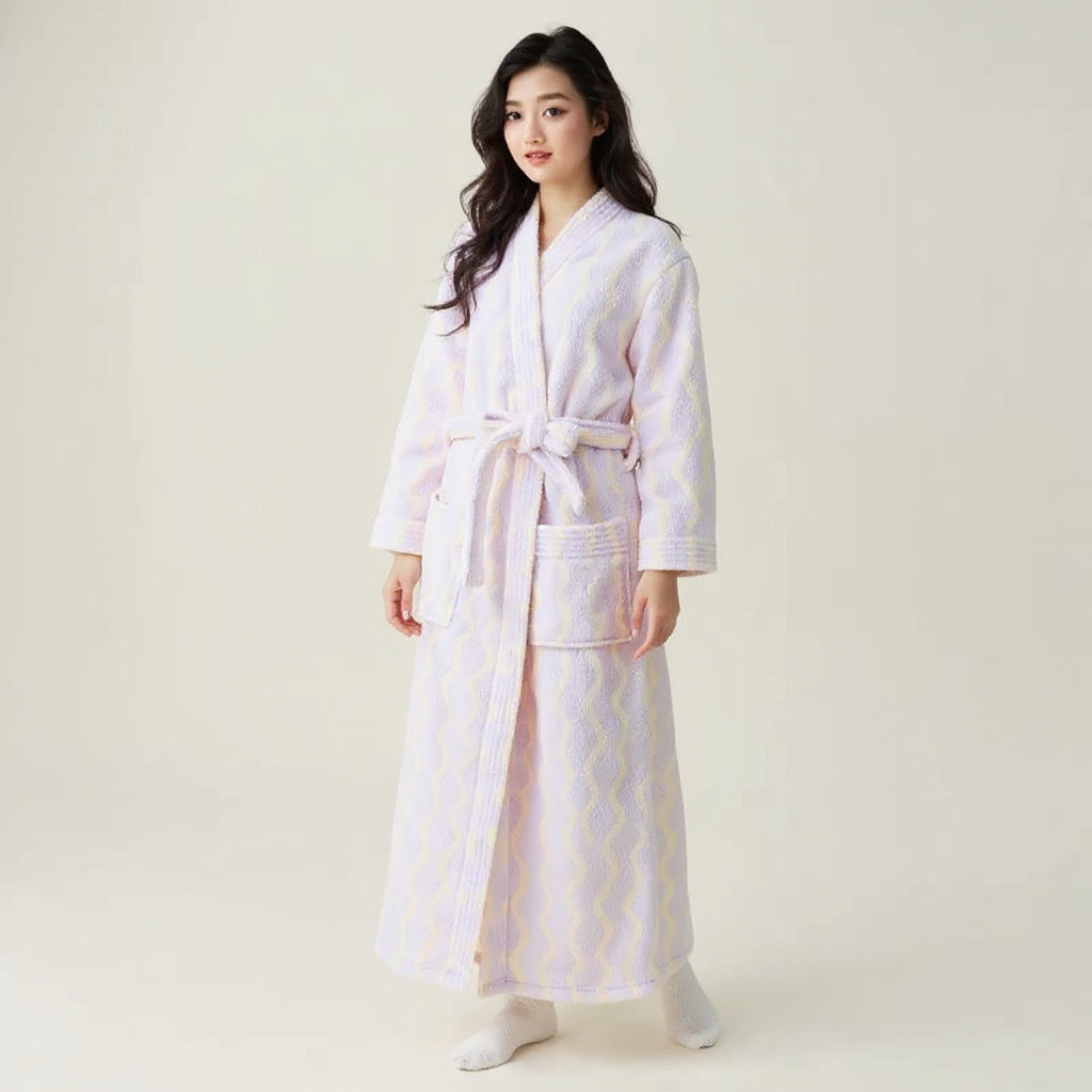 Peignoir femme polaire blanc motif vagues lilas