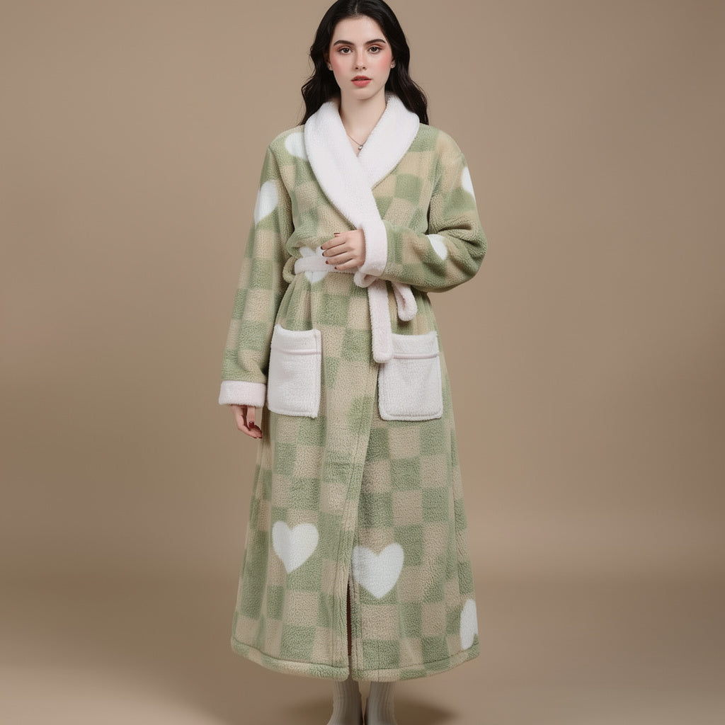 Peignoir femme polaire vert à motifs