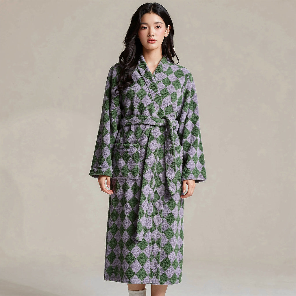 Peignoir femme polaire à carreaux verts et lavande