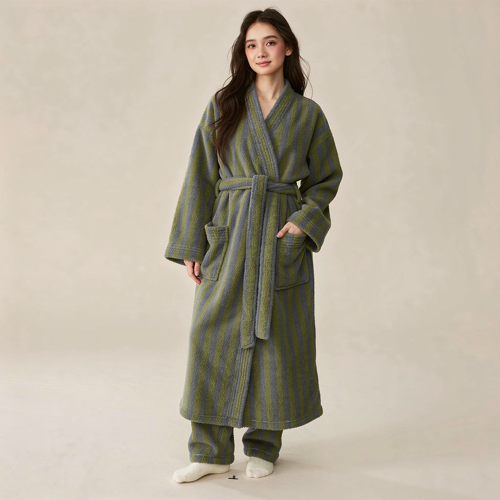 Robe de chambre femme en polaire rayée bleu et olive