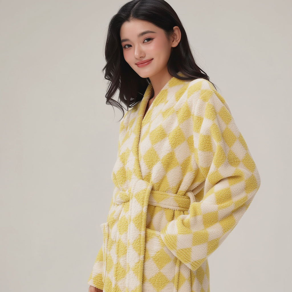 Peignoir femme polaire à carreaux jaunes