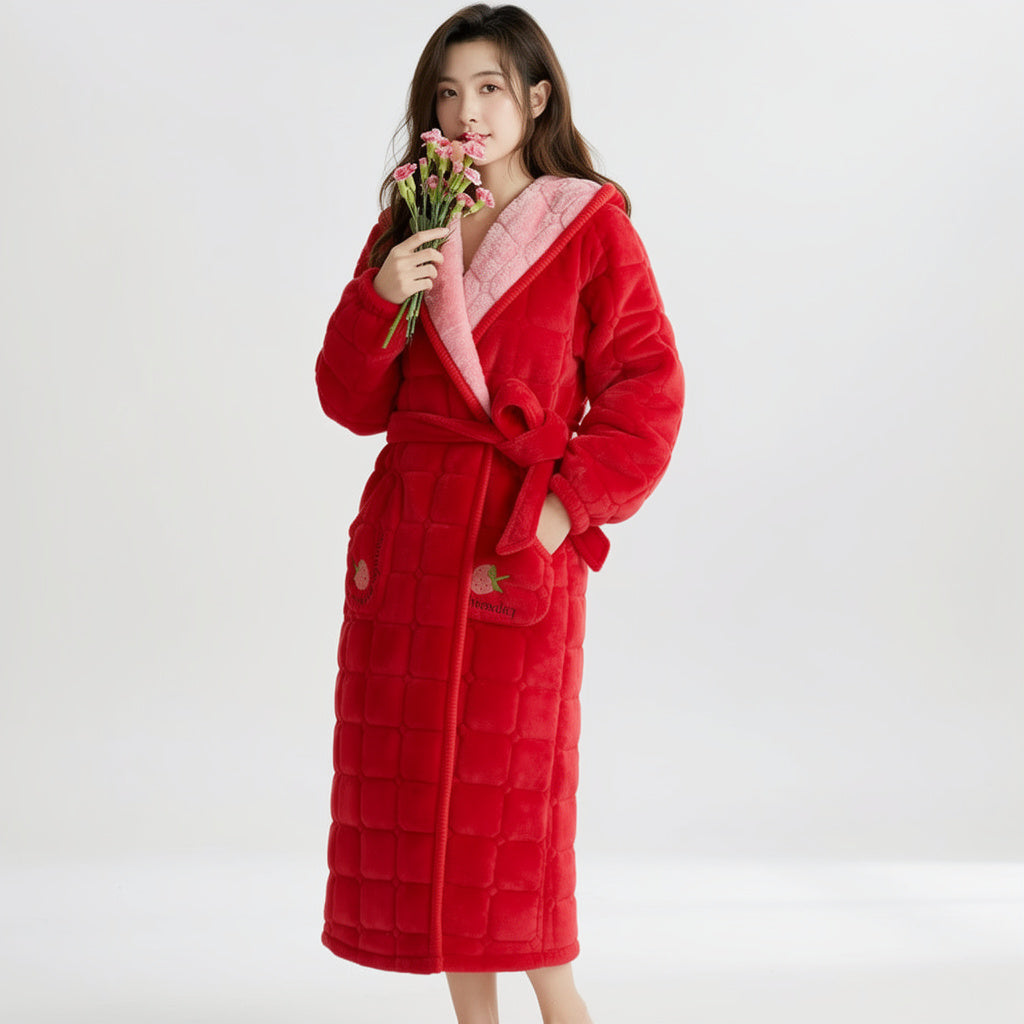 Peignoir femme polaire à capuche rouge