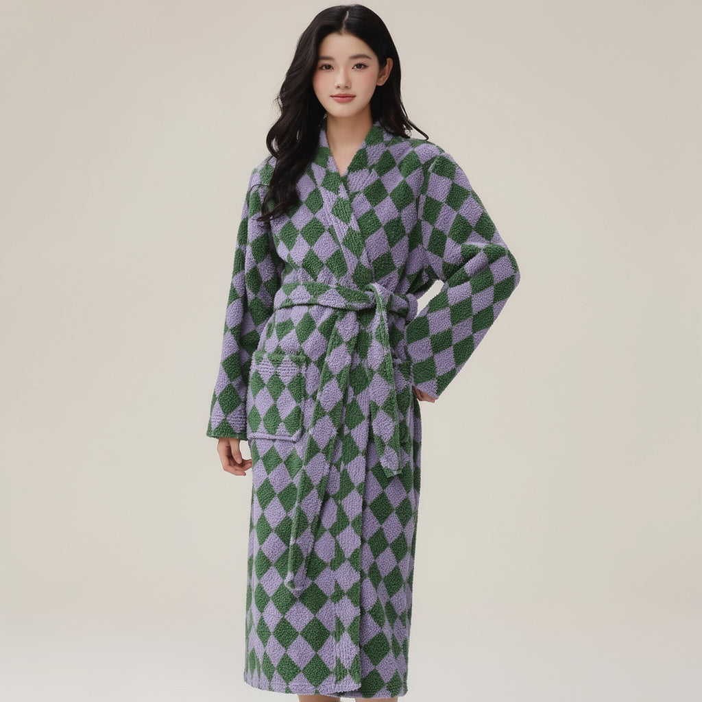 Peignoir femme polaire à carreaux verts et lavande