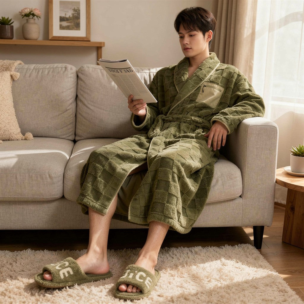 Peignoir homme polaire carreaux kaki