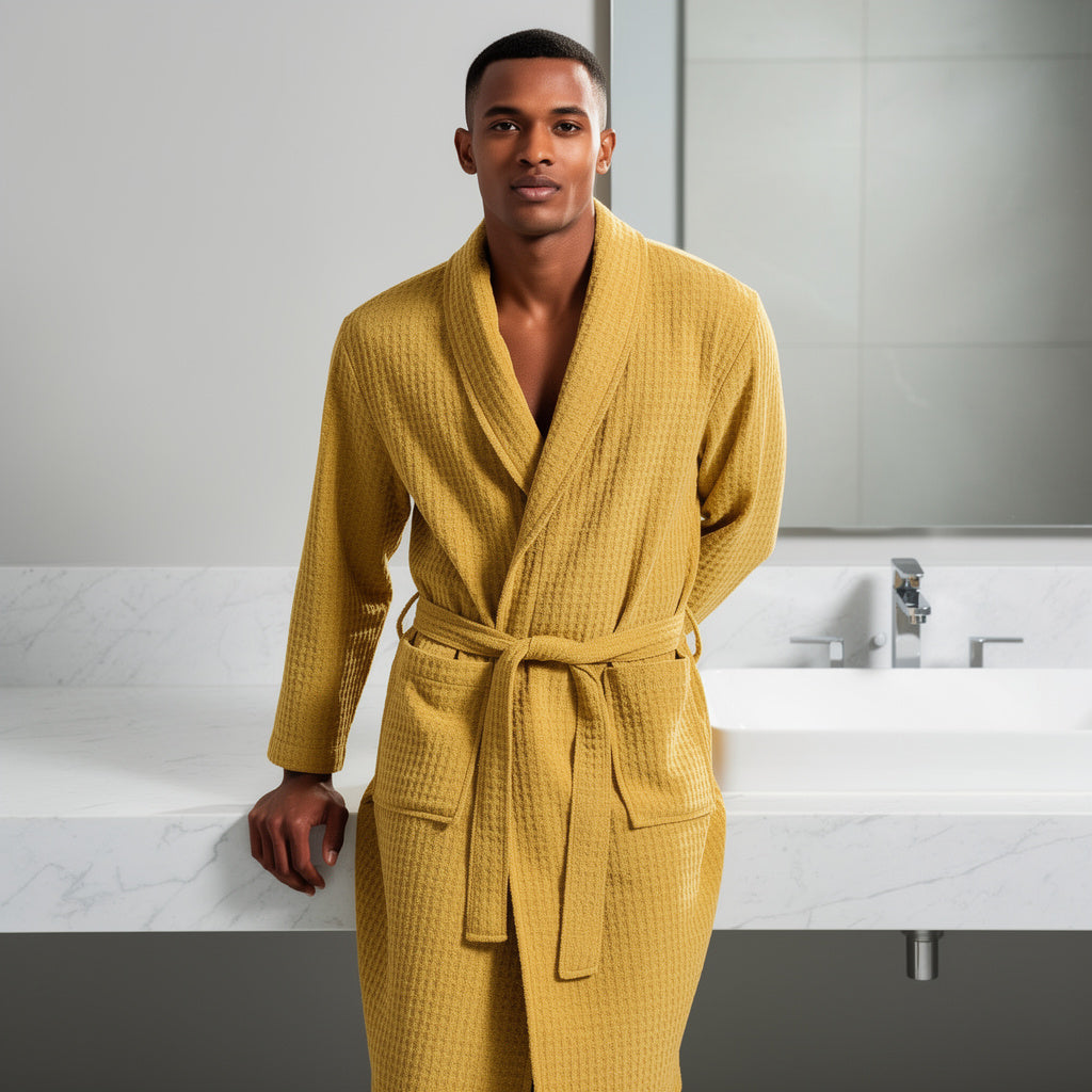 Peignoir homme nid d'abeille jaune moutarde