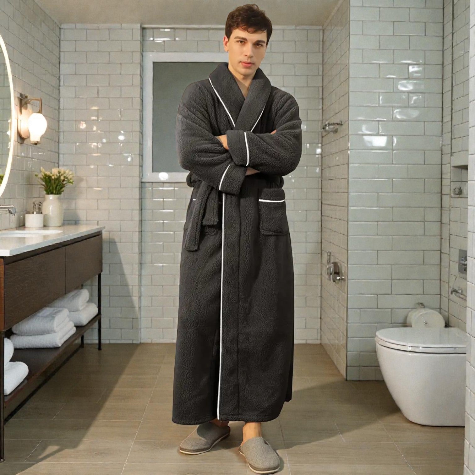 Peignoir homme polaire gris foncé