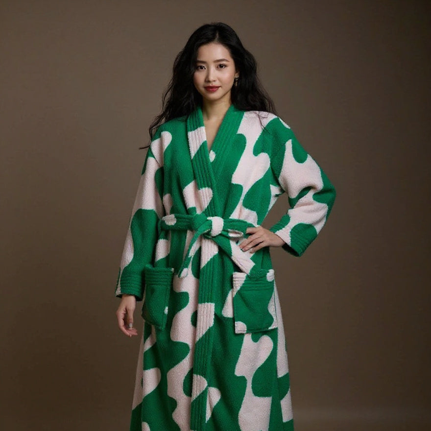 Peignoir femme polaire vert et blanc