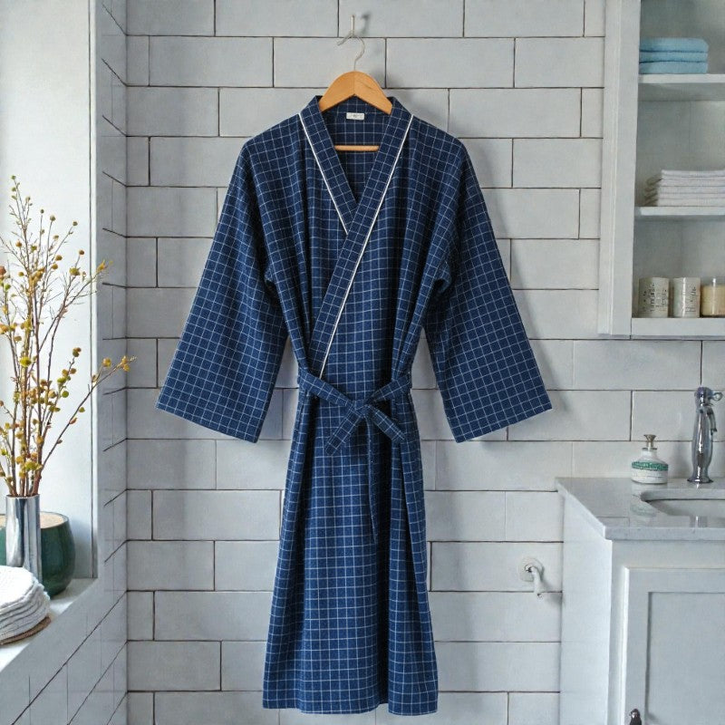 Peignoir homme coton carreaux bleus