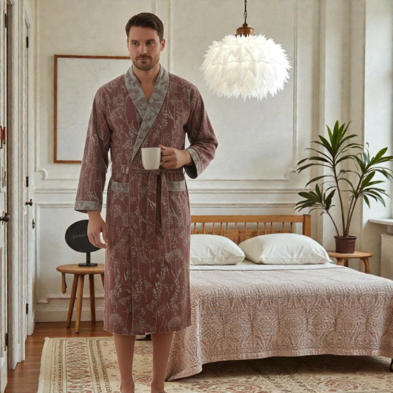 Peignoir homme coton imprimé bordeaux