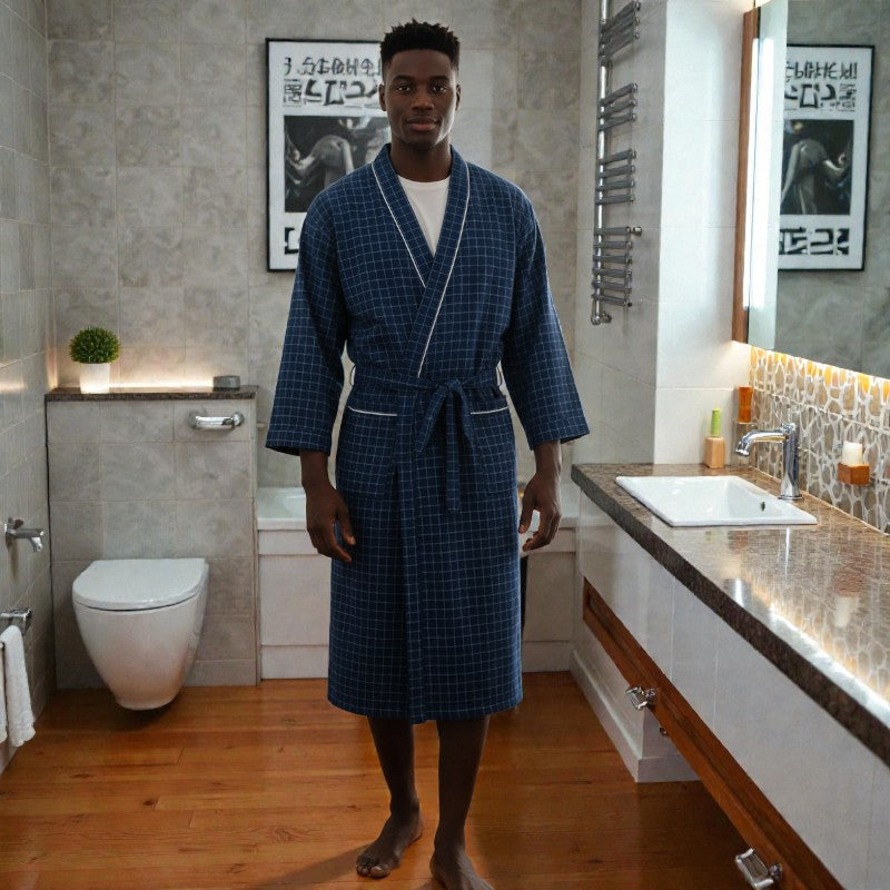 Peignoir homme coton carreaux bleus