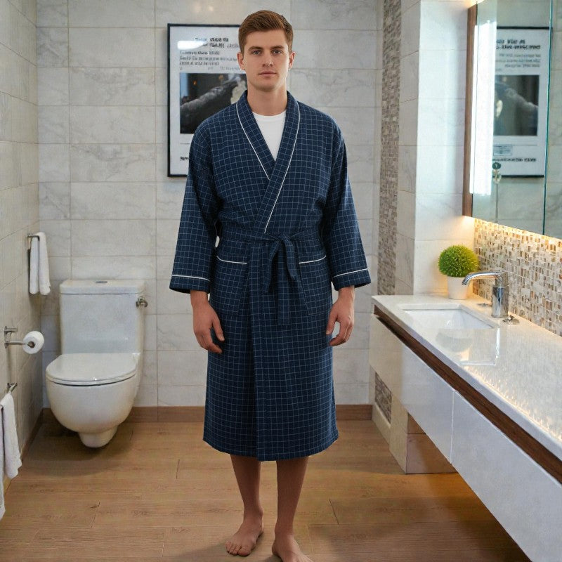 Peignoir homme coton carreaux bleus