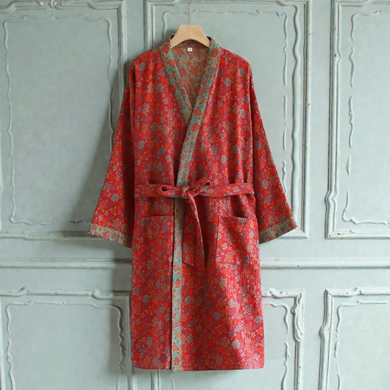 Peignoir femme coton rouge à motifs floraux