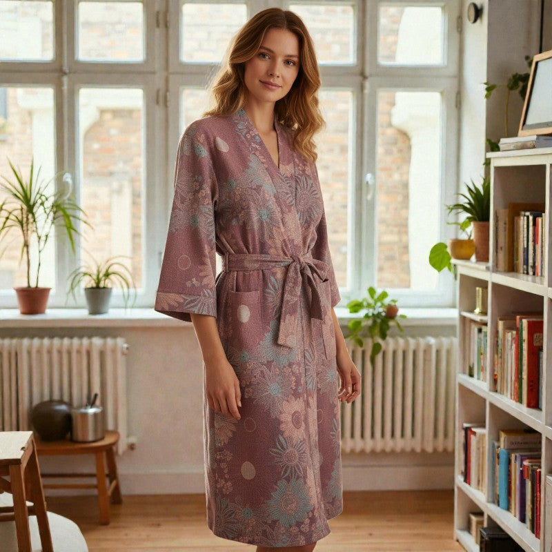 Peignoir femme coton floral rose