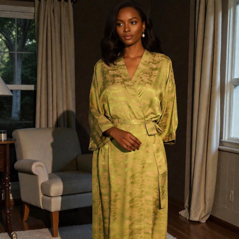 Peignoir femme satin jacquard vert