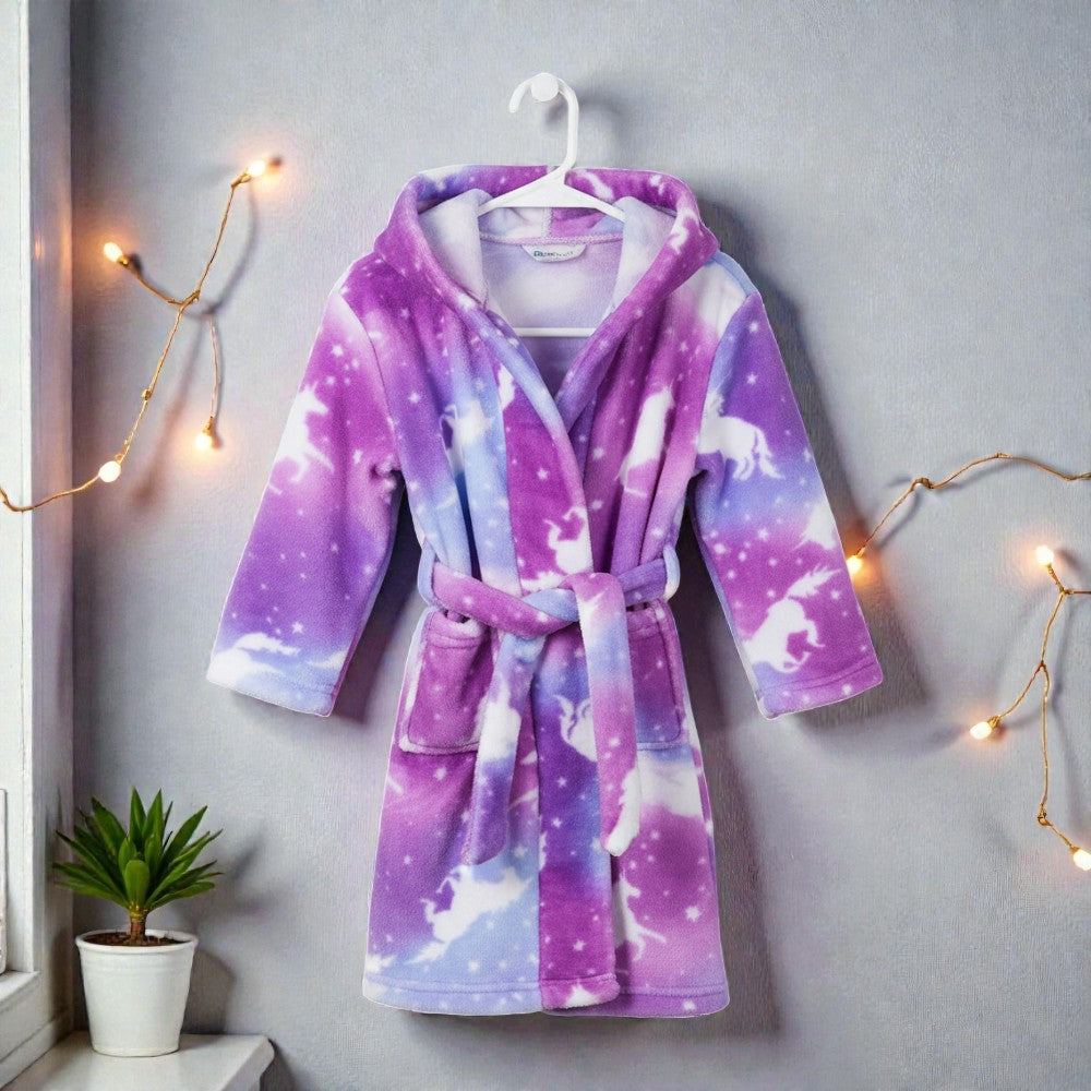 Peignoir enfant polaire à capuche violet galaxie