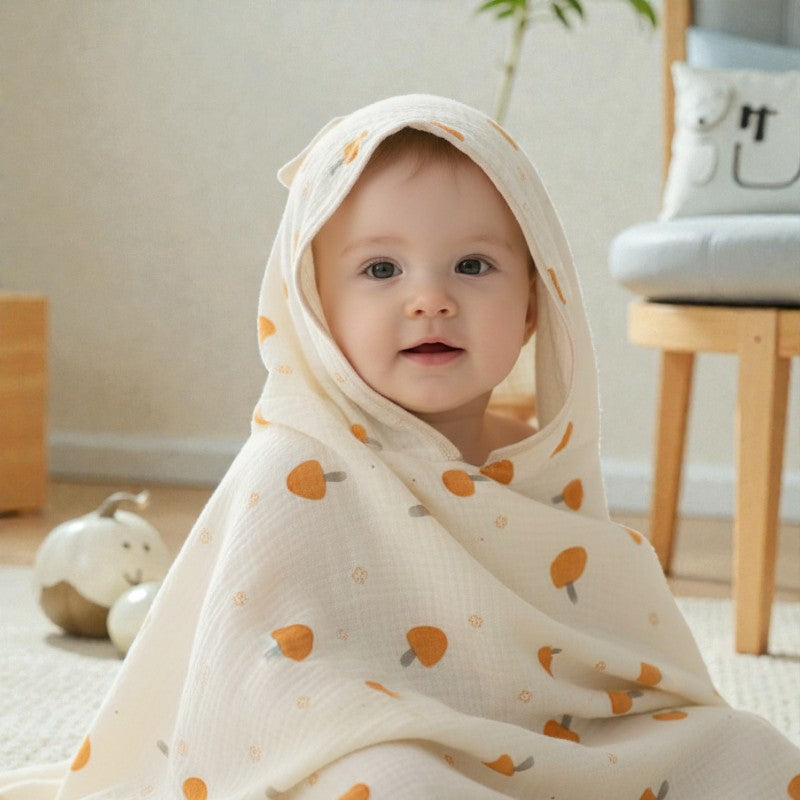 Cape de bain bébé en coton gaze champignons