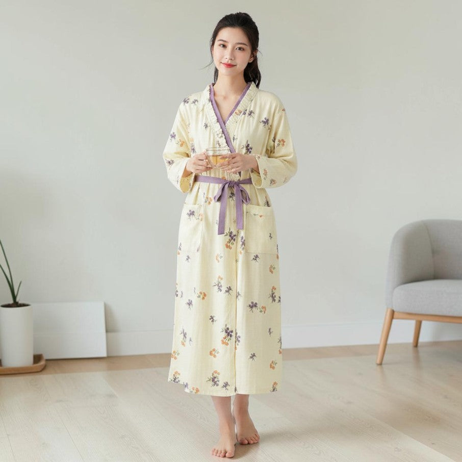 Robe de Chambre Femme | Coton Fleuri Jaune
