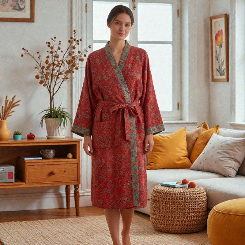 Peignoir femme coton rouge à motifs floraux