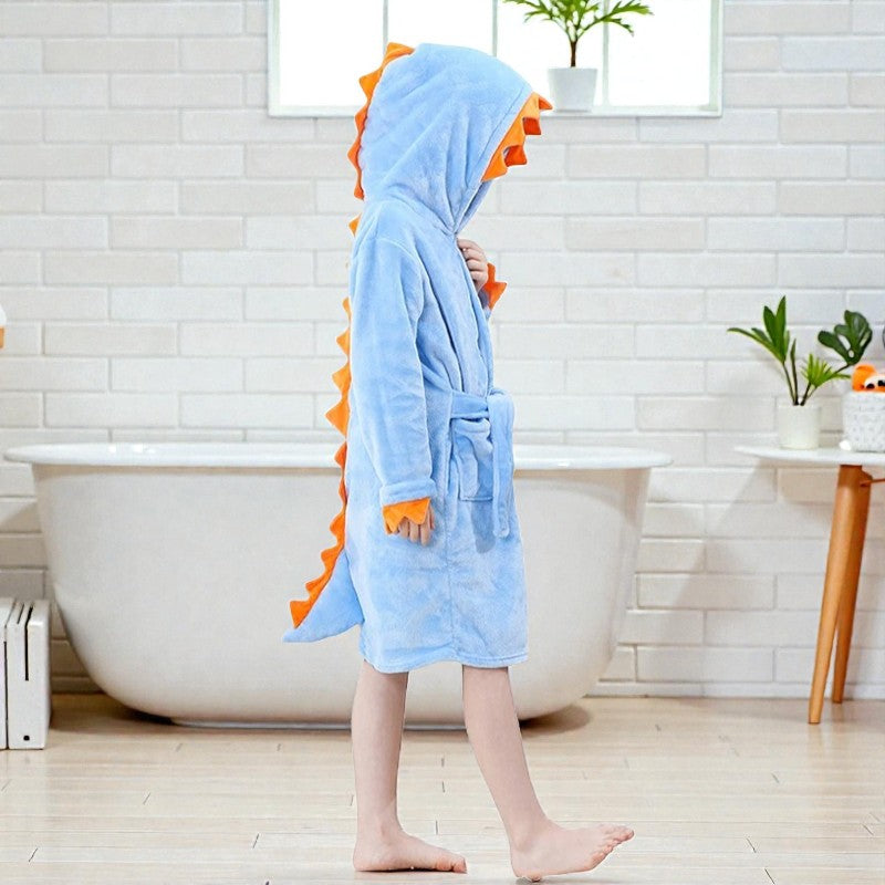 Peignoir enfant polaire à capuche dinosaure bleu