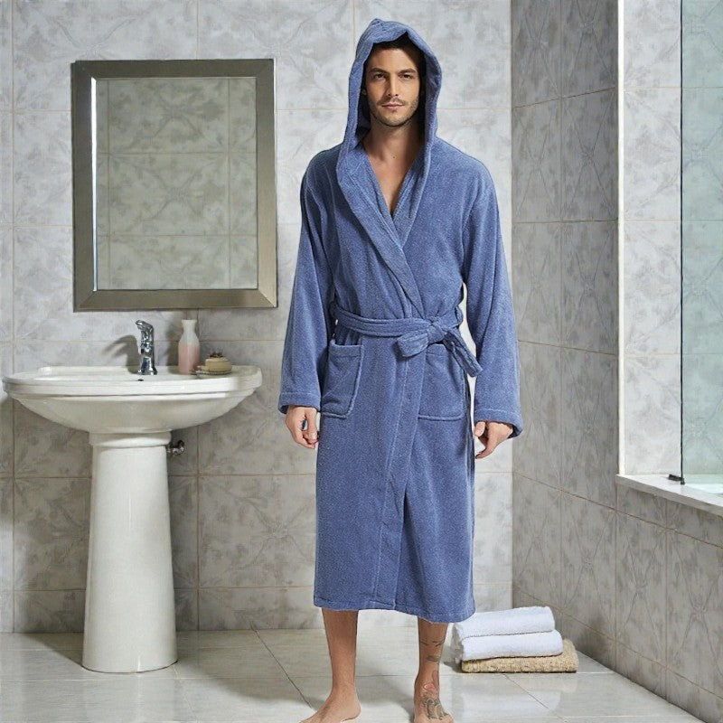 Peignoir homme éponge bleu à capuche