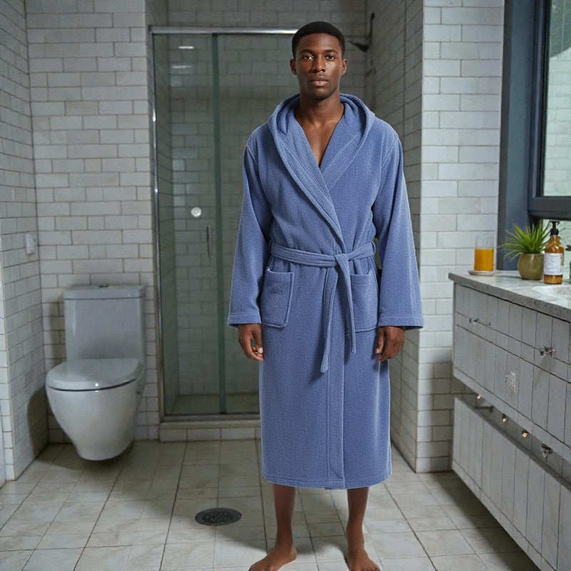 Peignoir homme éponge bleu à capuche