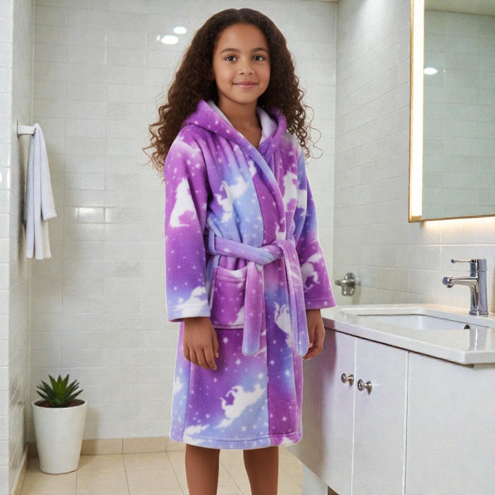 Peignoir enfant polaire à capuche violet galaxie