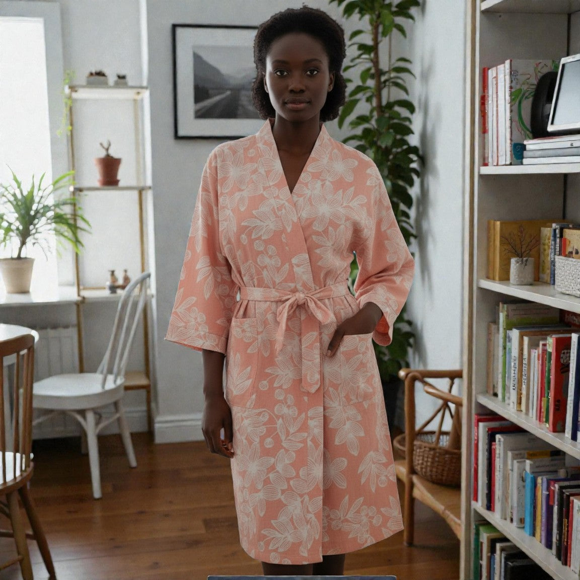 Peignoir femme coton floral pêche