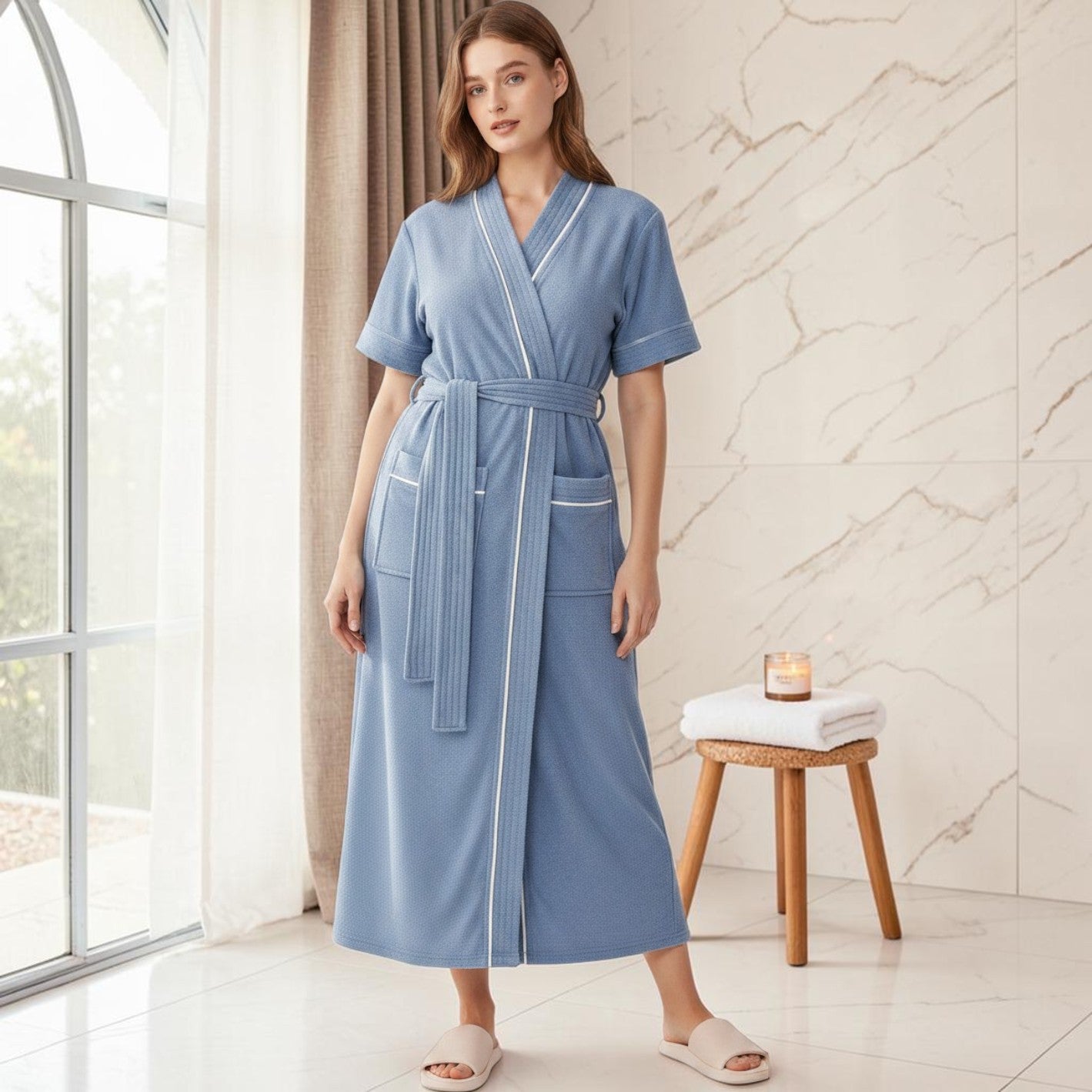 Peignoir Éponge Femme | Bleu Manches Courtes