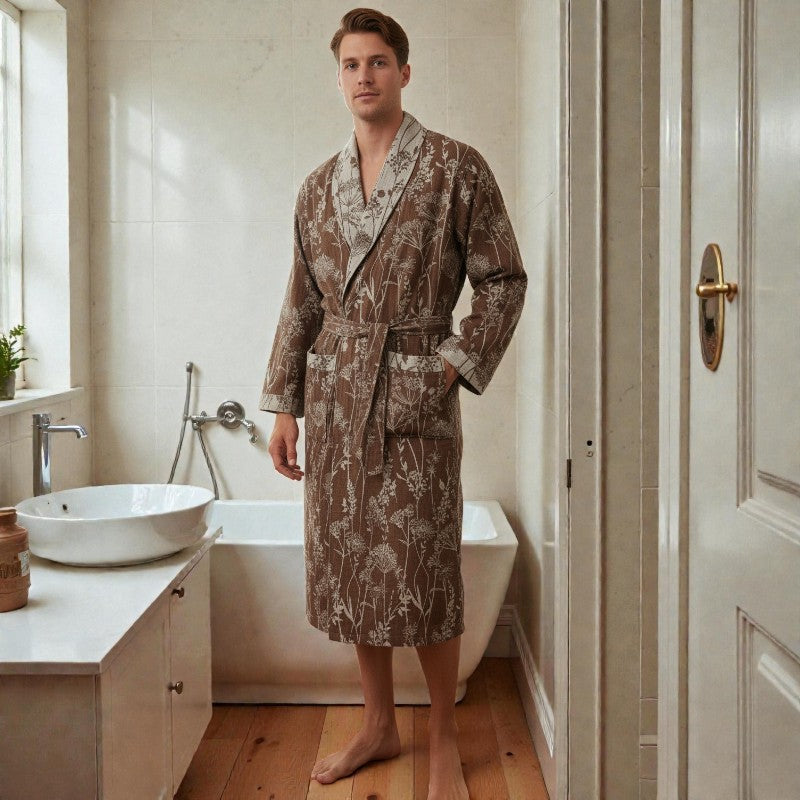 Peignoir homme coton jacquard imprimé marron