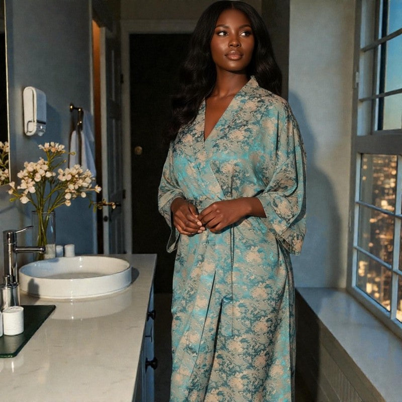 Peignoir femme satin jacquard bleu
